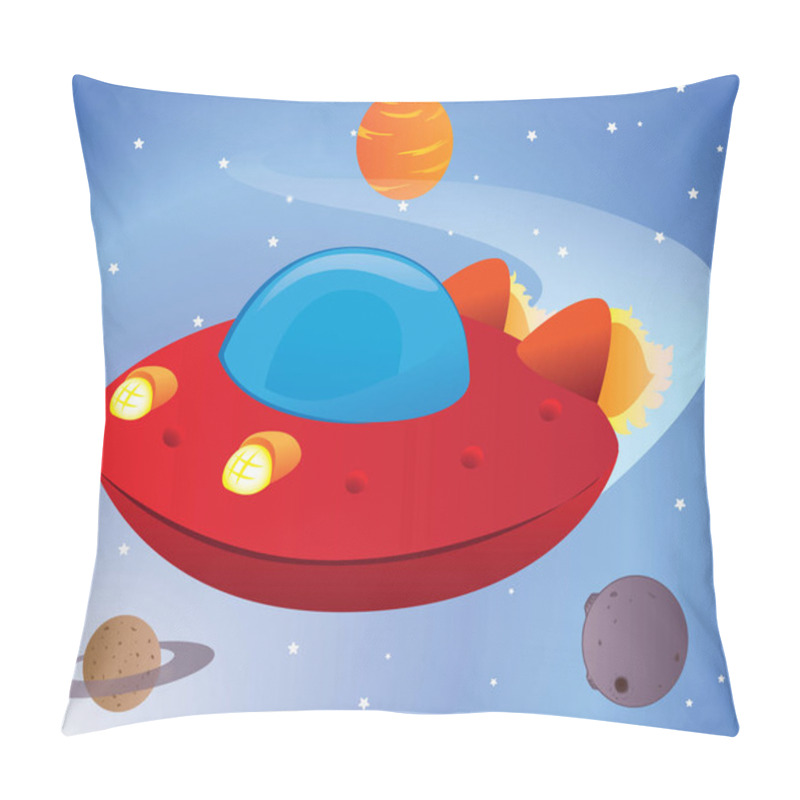 Personality  Illustration Of A Spaceship, Flying Saucer Travel Between Planets In Outer Space Universe. Ideal For Promotional And Educational Materials Pillow Covers