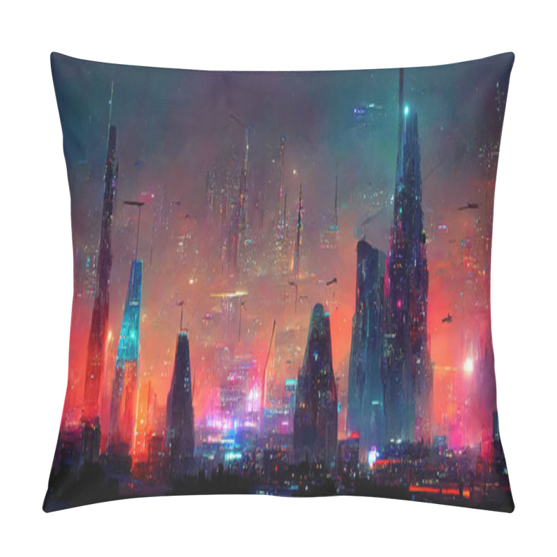 Personality  Nighttime In Cyberpunk City Of The Futuristic Fantasy World Features Skyscrapers, Flying Cars, And Neon Lights. Digital Art 3D Illustration. Acrylic Painting. Pillow Covers