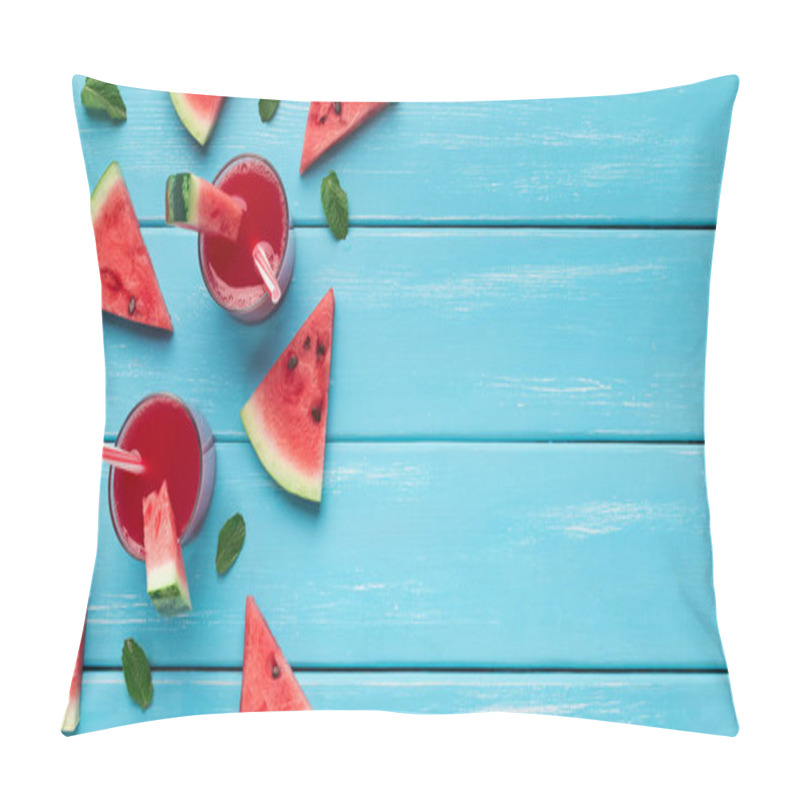 Personality  Watermelon Juice And Slices On Blue Wooden Background Pillow Covers