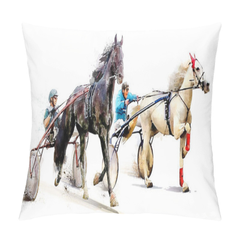 Personality  Horse Race Competition Derby. Trotter Race. Racing Horses With Jockeys. Hippodrome. Watercolor Painting Illustration Isolated On White Background Pillow Covers