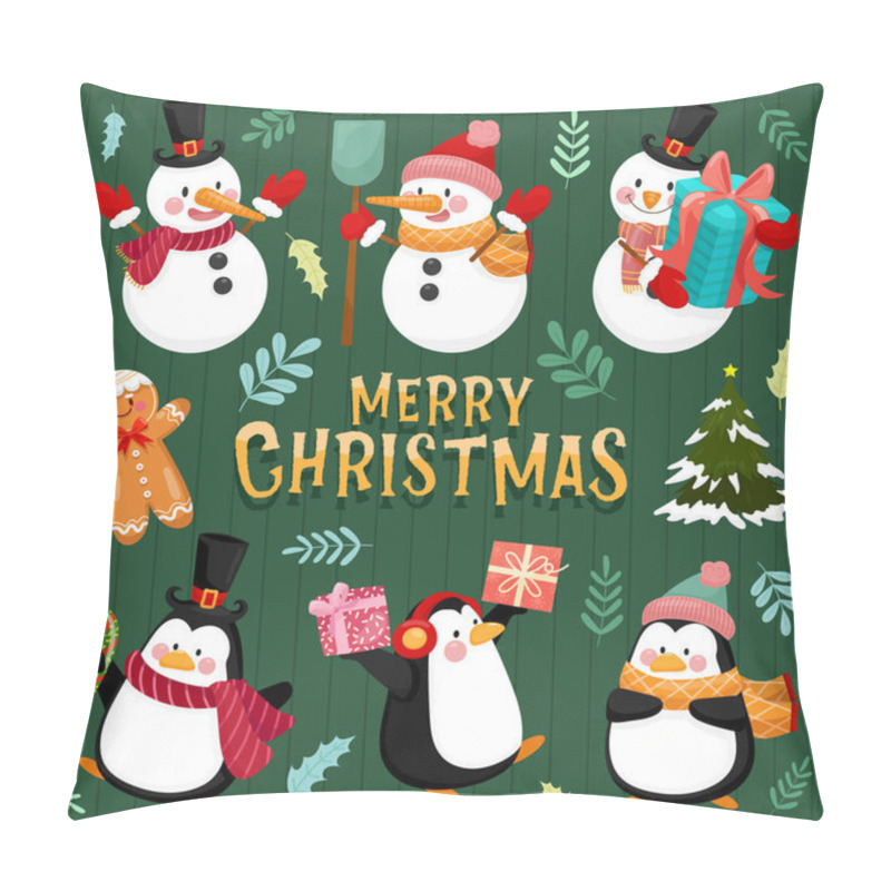 Personality  Merry Christmas Icon With Snowman, Pine, Leaves, Gift Boxes And Penguins. Pillow Covers