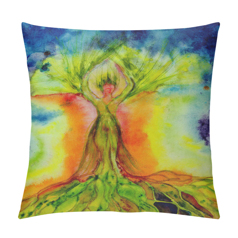 Personality  Psychedelic Woman Tree Of Life With Aura. The Dabbing Technique Near The Edges Gives A Soft Focus Effect Due To The Altered Surface Roughness Of The Paper Pillow Covers