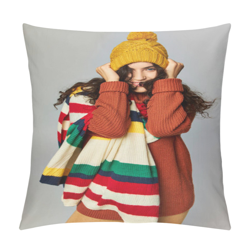 Personality  Happy Woman Wearing Cozy Bobble Hat And Sweater With Stripped Scarf Posing On Grey Background Pillow Covers