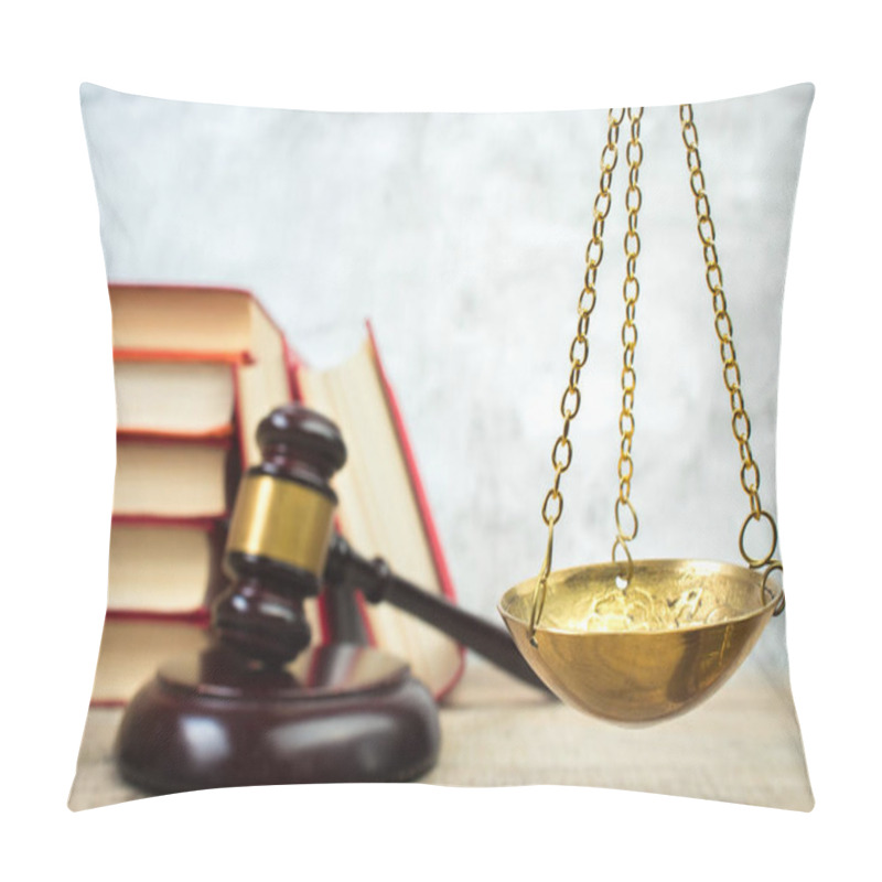 Personality  Law Concept - Open Law Book, Judge's Gavel, Scales, Themis Statue On Table In A Courtroom Or Law Enforcement Office. Wooden Table, Gray Concrete Background. Pillow Covers