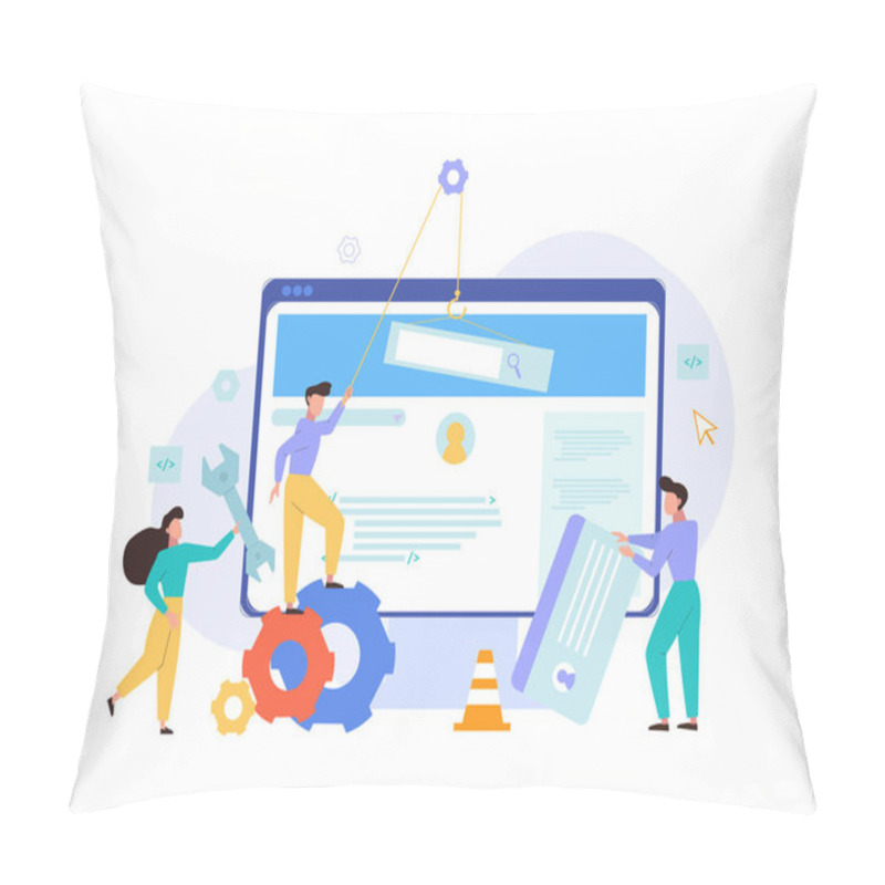 Personality  Website Repair Debugging Optimization Concept. Programmers Testers Repair Corporate Website Adjust Number Visits Orders Fix Bugs Optimize Availability Of Contextual Advertising. Cartoon Vector Style. Pillow Covers