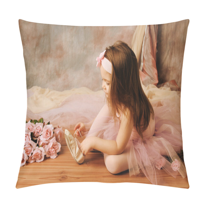 Personality  Adorable Little Girl Dressed As A Ballerina In A Tutu, Tying Her Ballet Slippers Pillow Covers