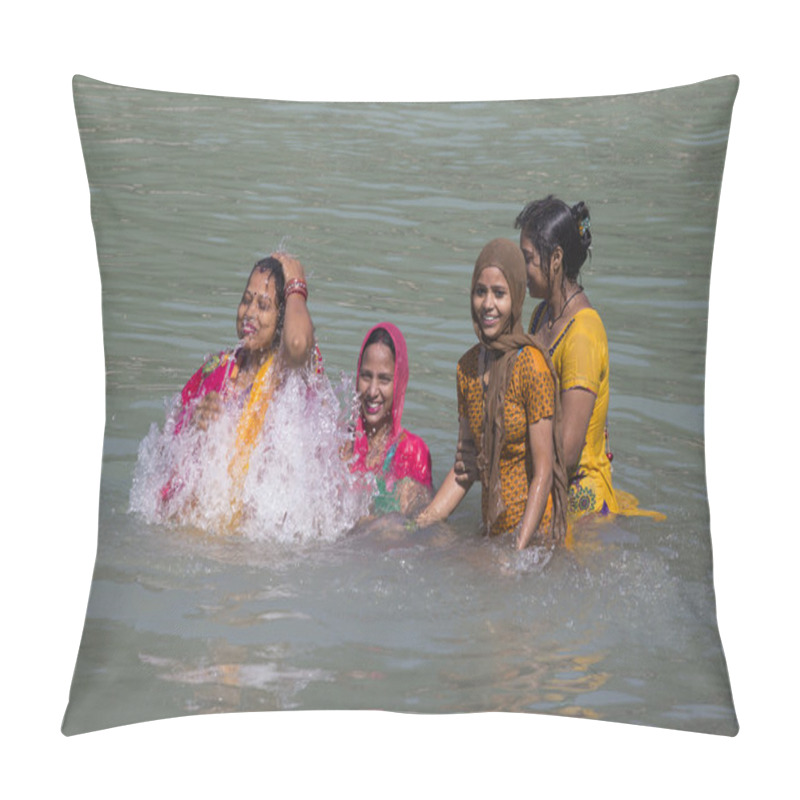 Personality  Indian Woman Wash Themselves In The River Ganges  In The Holy City Of Rishikesh, India. Pillow Covers