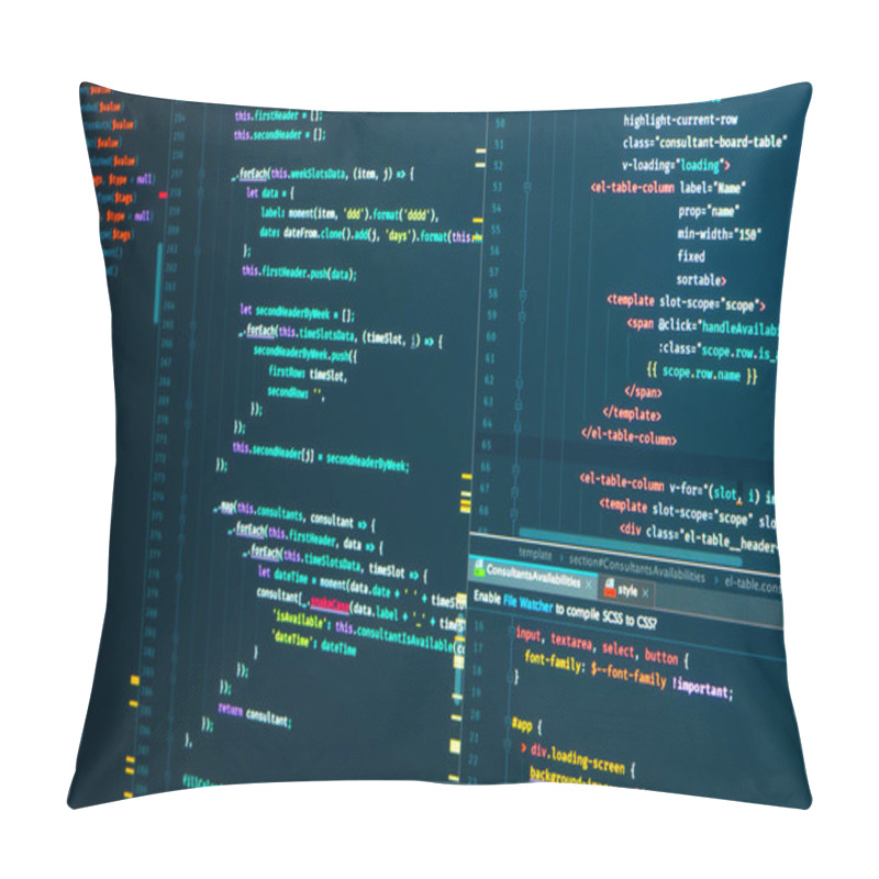 Personality  HTML Web Code. Markup. Javascript Programming Coding. Script Language For Software Development Pillow Covers