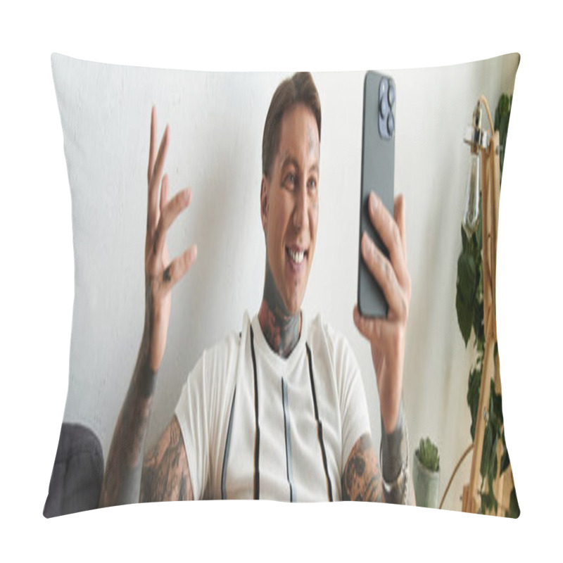 Personality  Handsome Young Man With Tattoos Smiles While Chatting On His Smartphone In A Relaxed Environment. Pillow Covers