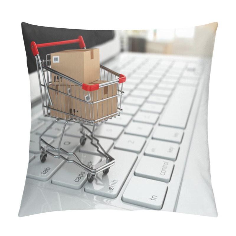 Personality  E-commerce. Shopping Cart With Cardboard Boxes On Laptop. Pillow Covers