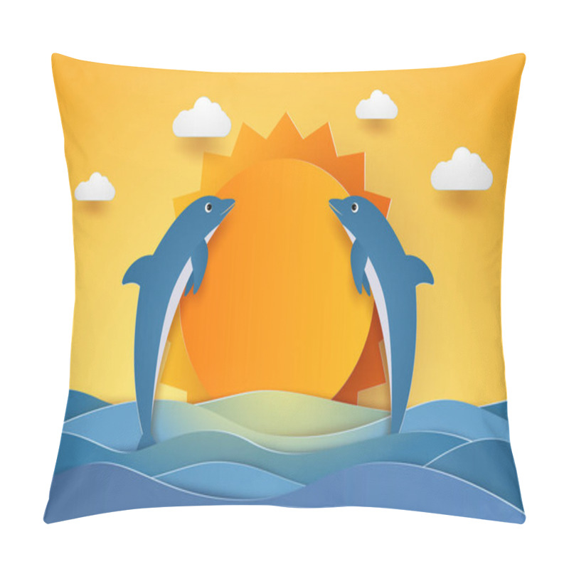 Personality  Summer Time , Happy Dolphins Jumping In Sea Waves , Paper Art Style Pillow Covers