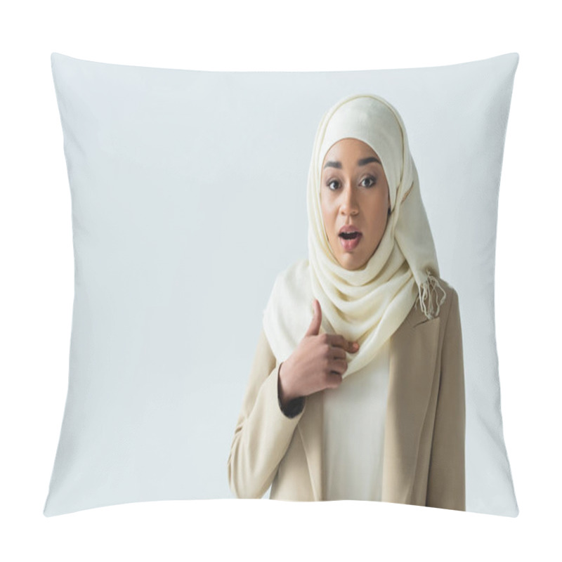 Personality  Surprised Muslim Woman In Hijab Pointing At Herself Isolated On Grey  Pillow Covers