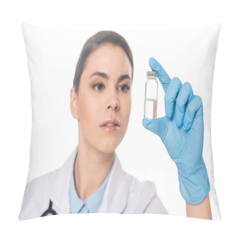 Personality  Selective Focus Of Doctor Holding Jar With Vaccine Isolated On White Pillow Covers