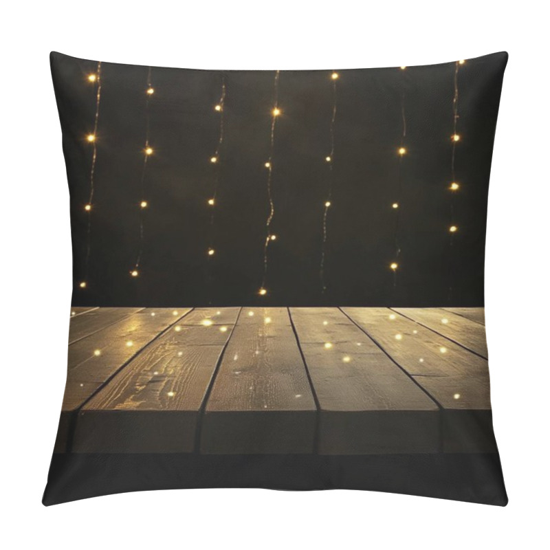 Personality  Warm String Lights Glow Softly Over A Rustic Wooden Surface. Pillow Covers