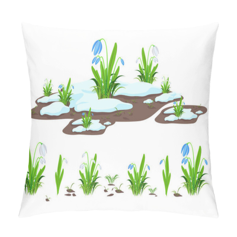 Personality  Vector Set Of White And Blue Snowdrops, Small Grass And A Composition Of Snowdrops And Melting Snow. Pillow Covers