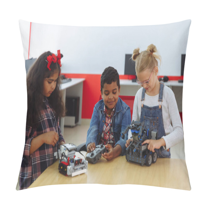 Personality  Mixed Racial Group Of Creative Kids Working On The Tech Project At School. Student Boy And Girls Play And Learn To Control The Robot In The Class. Pillow Covers