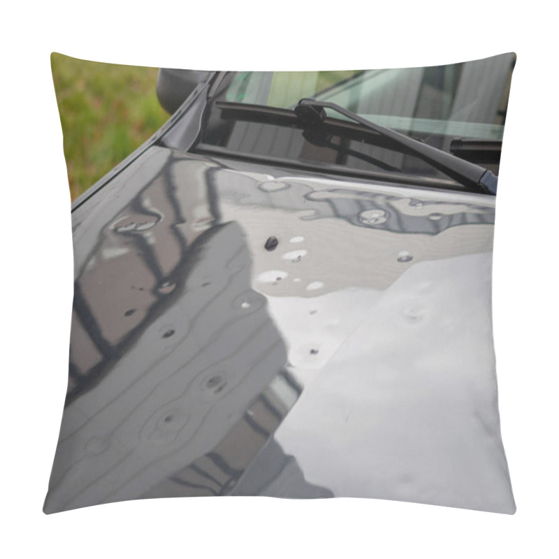 Personality  Car Engine Hood With Many Hail Damage Dents Show The Forces Of Nature And The Importance Of Car Insurance And A Replacement Value Insurance Against Hail Storm And Storm Hazards Or Extreme Weather Pillow Covers