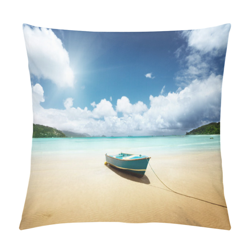 Personality  Boat On Beach Mahe Island, Seychelles Pillow Covers