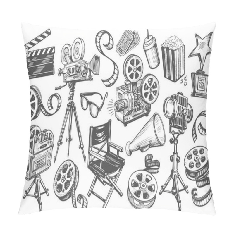 Personality  Cinema Set In Sketch Style. Making Movie, Film Screening, Tv, Video Concept. Hand Drawn Vintage Vector Illustration Pillow Covers