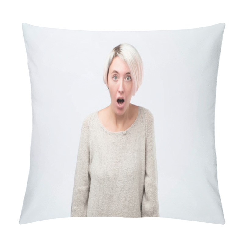 Personality  Beautiful Surprised Woman Standing With Open Mouth. Human Emotions, Facial Expression Concept. Pillow Covers