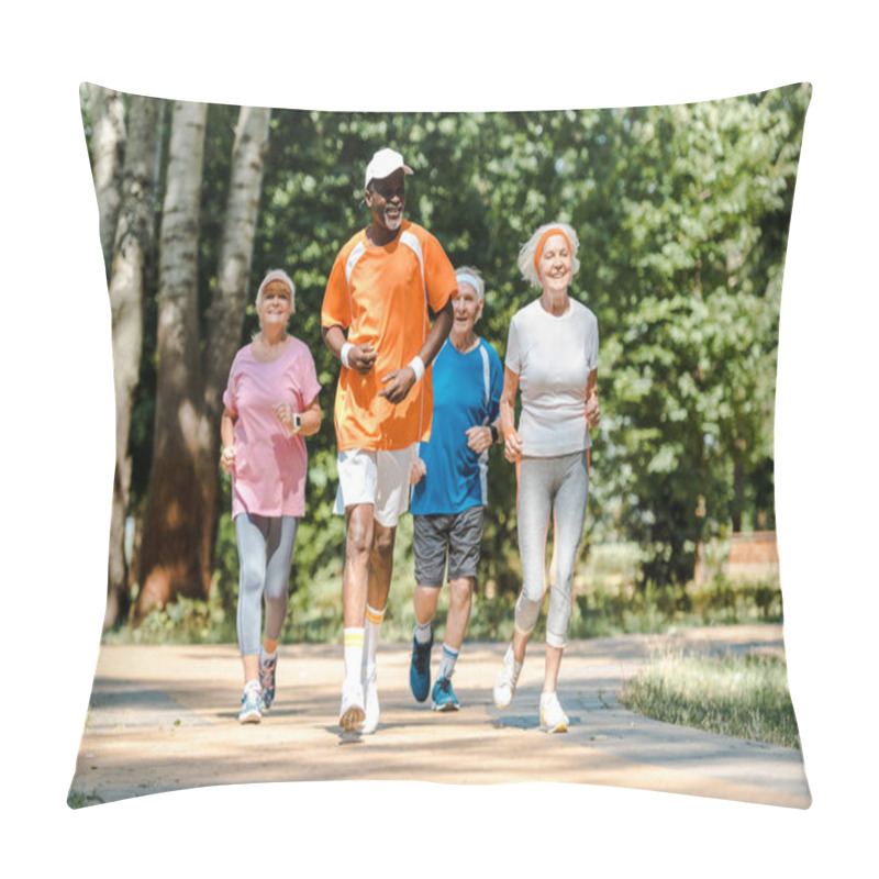 Personality  Sportive Multicultural And Senior Men And Women Running In Park  Pillow Covers