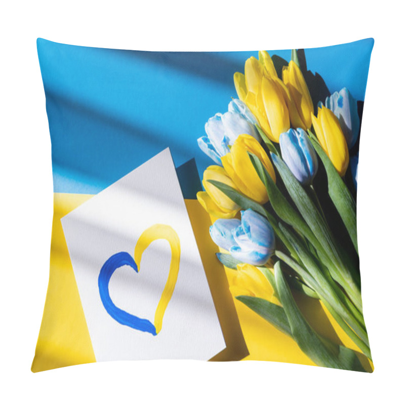 Personality  Top View Of Card With Painted Heart Sign Near Blue And Yellow Tulips On Ukrainian Flag Pillow Covers