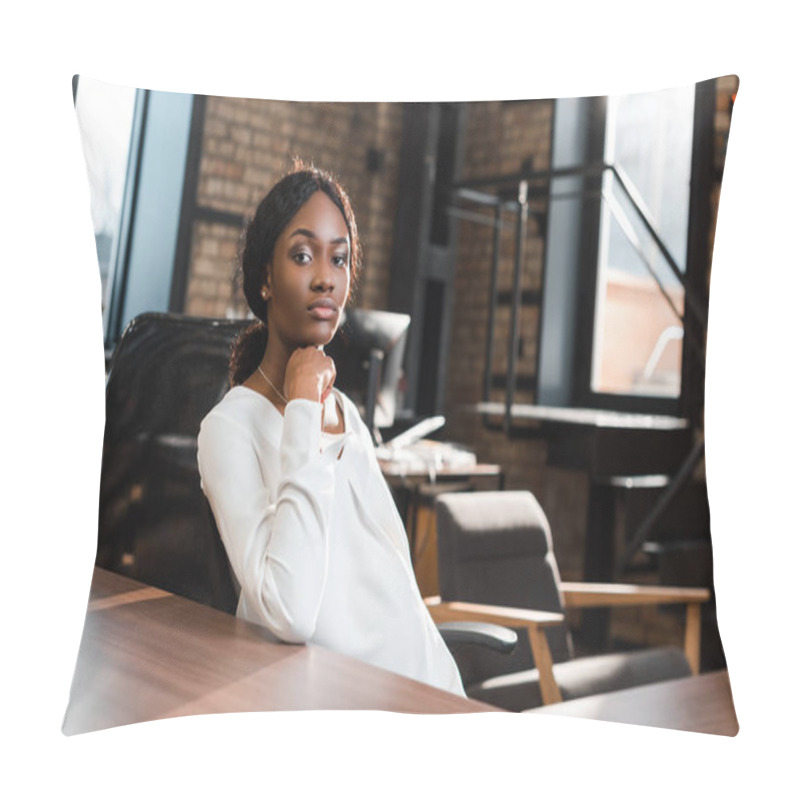 Personality  Thoughtful, Pregnant African American Businesswoman Sitting At Office Desk And Looking At Camera Pillow Covers