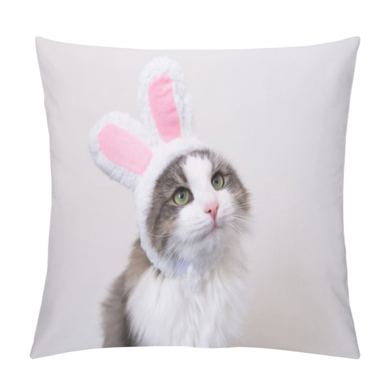 Personality  Cute Funny Gray Cat In Bunny Ears Sits On A White Background. Cat In Suit For Easter. Pillow Covers