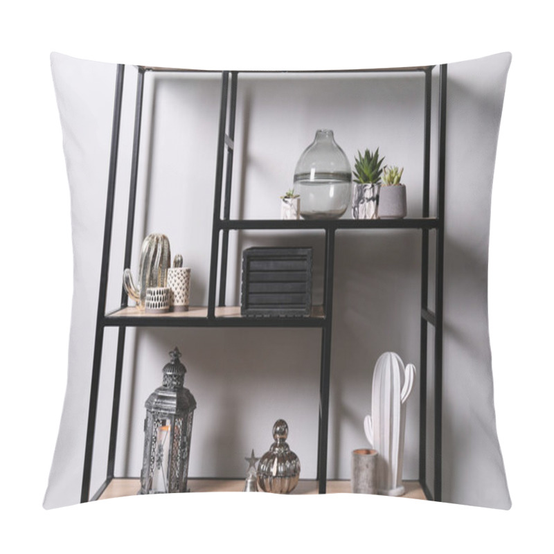 Personality  Shelving With Different Decor And Houseplants Near White Wall. Interior Design Pillow Covers