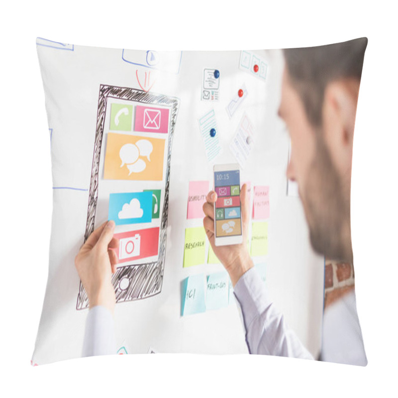 Personality  Designer Man Drawing Website Ux App Development And Holding Smart Phone In Hand Pillow Covers