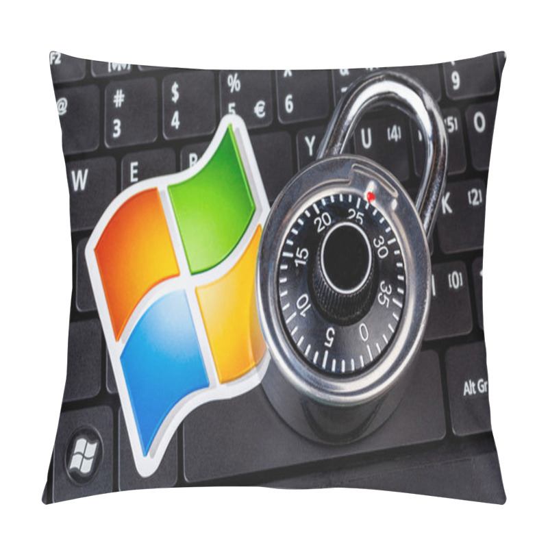 Personality  Microsoft Windows Logo And A Coded Padlock, Code Lock Symbol Laying On A Laptop Keyboard. System Safety And Data Security, Hacking, Exploits Abstract Concept Pillow Covers