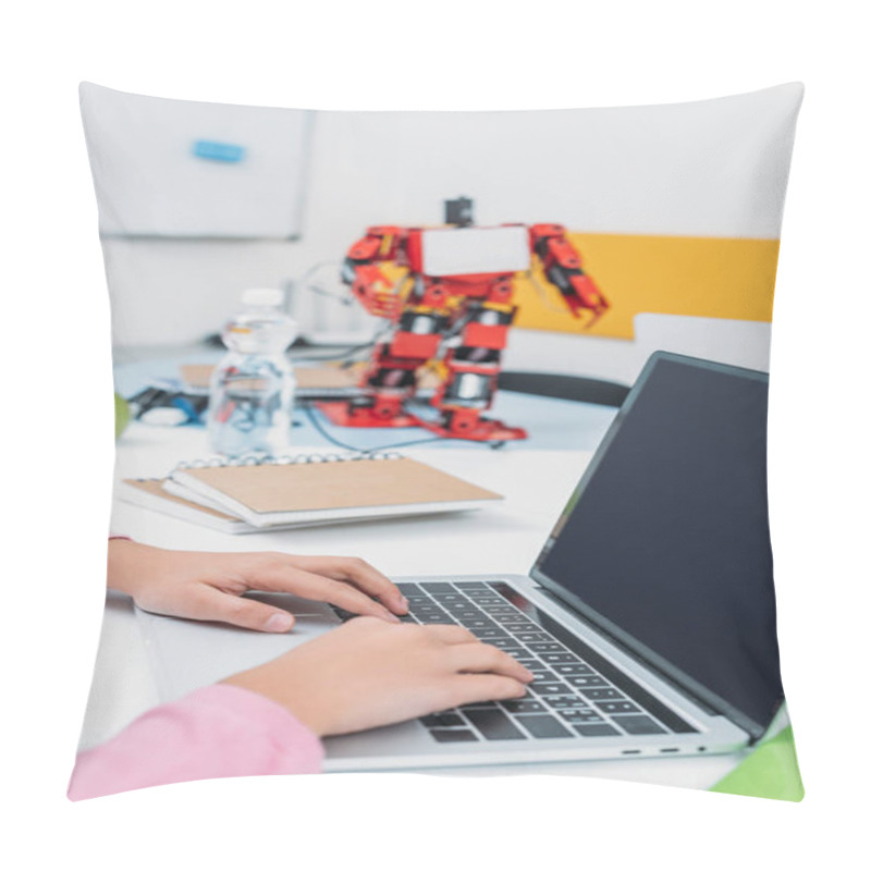 Personality  Cropped View Of Schoolgirl Sitting At Table With Robot Model And Using Laptop With Blank Screen During STEM Lesson   Pillow Covers