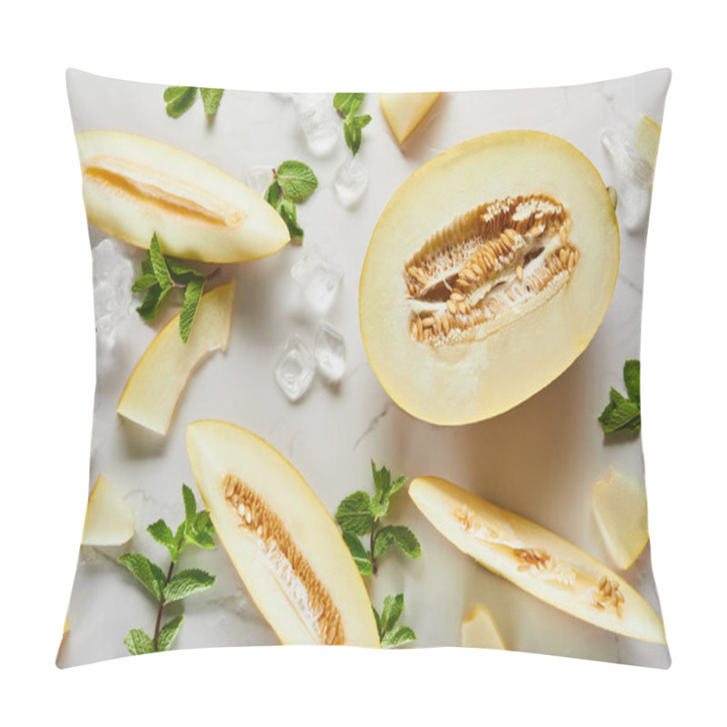 Personality  Top View Of Cut Delicious Seasonal Melon On Marble Surface With Mint And Ice Pillow Covers