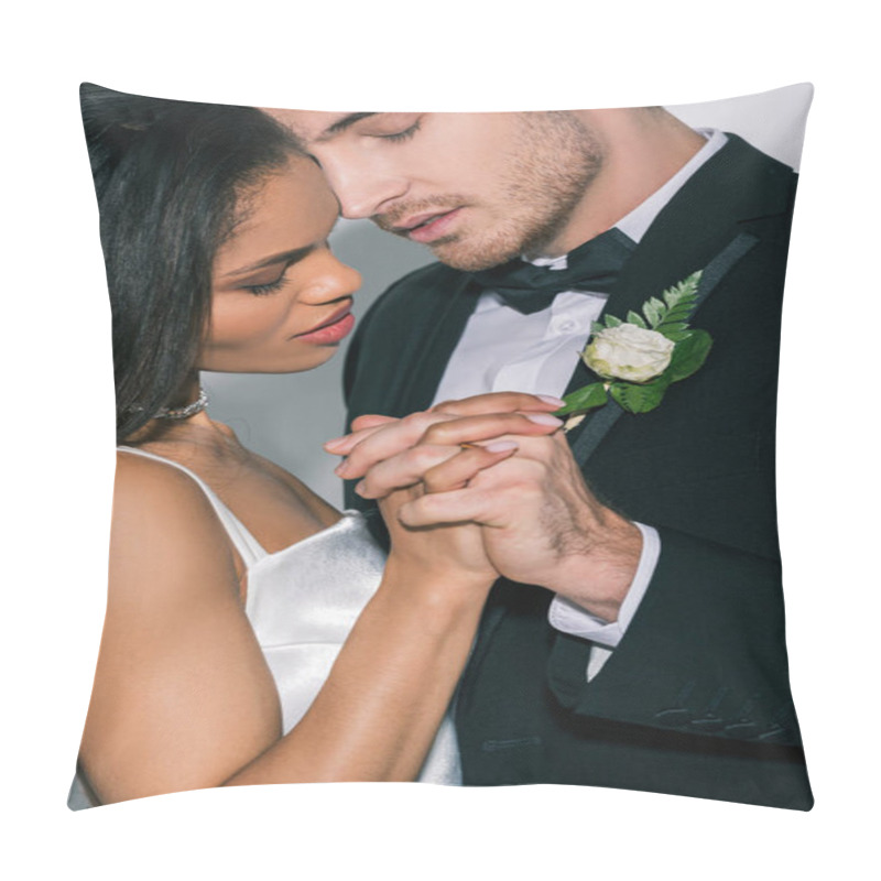 Personality  Young Interracial Newlyweds Holding Hands While Standing Face To Face With Closed Eyes On White Background Pillow Covers