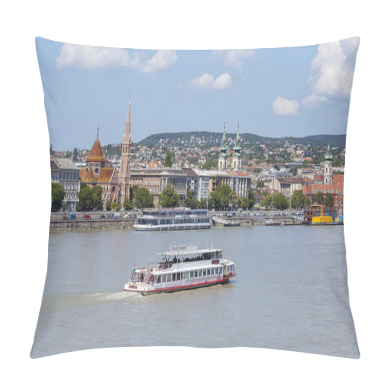 Personality  BUDAPEST, HUNGARY - AUGUST 15, 2017 : Budapest Royal Castle Complex And Ferry Boat, River Transport Ship, Floating Bus Sightseeing On Land And Water, Danube River In Budapest, Country Of Europe Pillow Covers