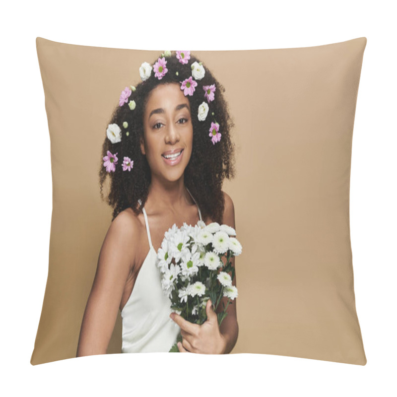 Personality  A Beautiful African American Woman With Flowers In Her Hair And Holding A Bouquet Of White Flowers. Pillow Covers