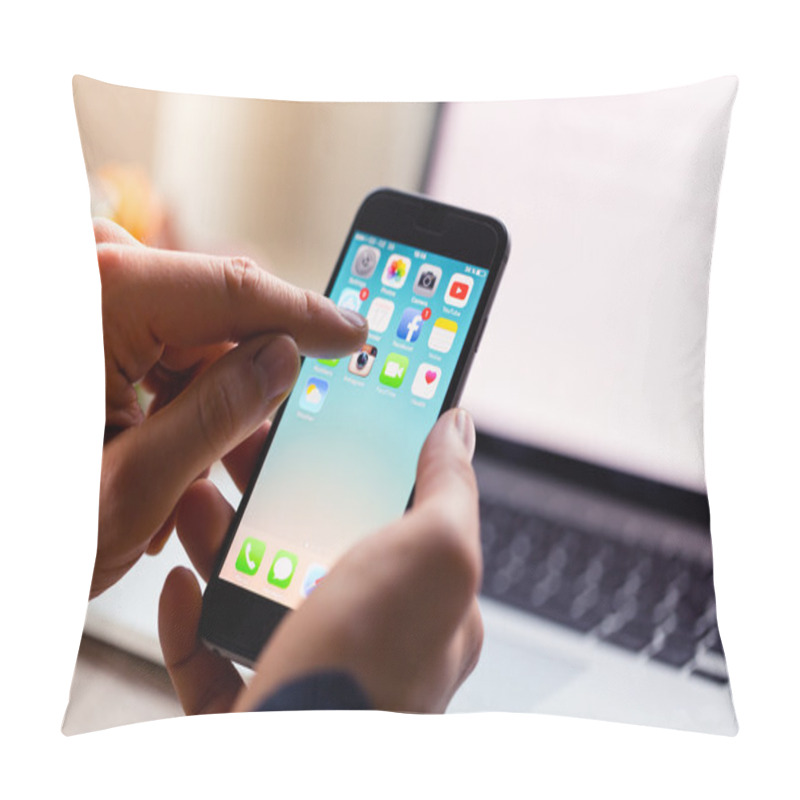 Personality  A Man Hand Holding Screen Apple App Showing On IPhone 6 In Office. Apple Is The Most Valuable Technology Company In The World. PRAGUE, CZECH REPUBLIC - NOVEMBER 17,2015 Pillow Covers