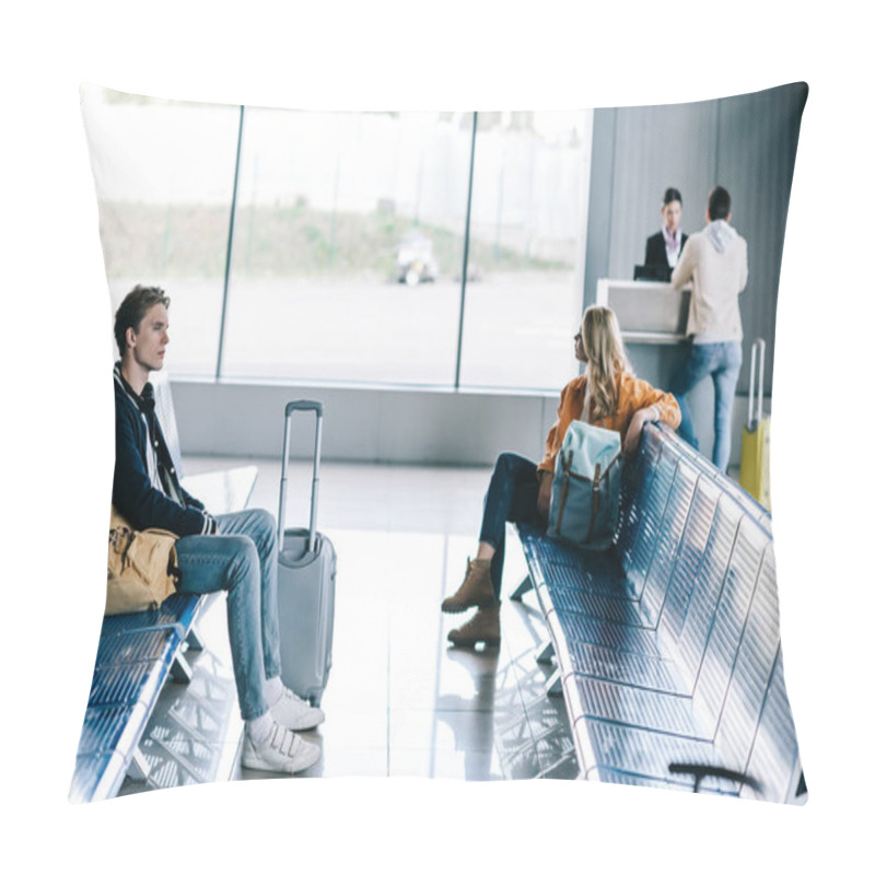 Personality  Young People With Luggage Sitting And Waiting For Flight In Airport Terminal Pillow Covers