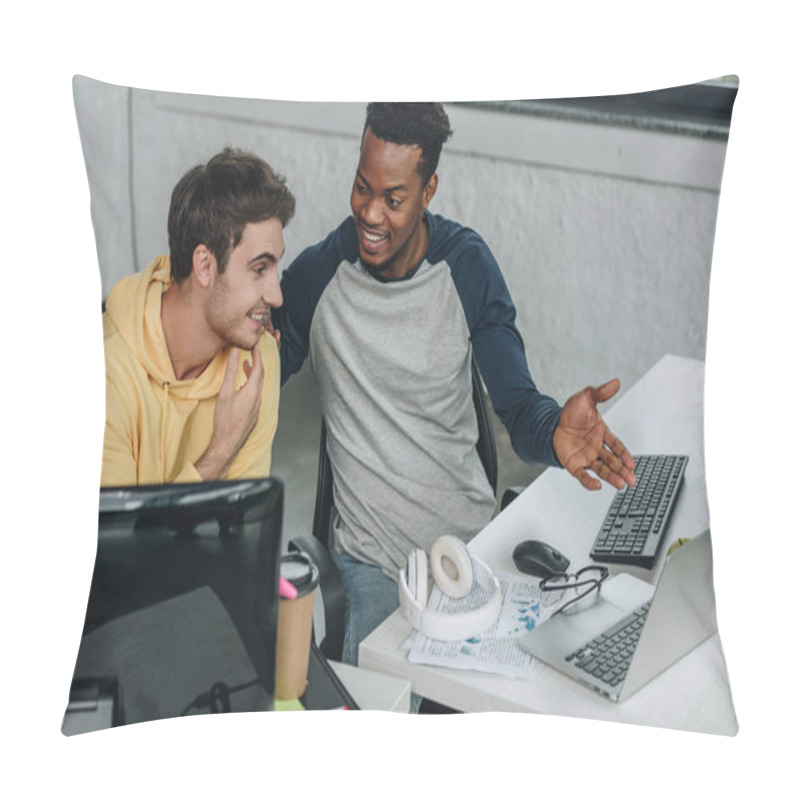 Personality  Cheerful African American Programmer Pointing At Computer Monitor While Sitting Near Colleague Pillow Covers