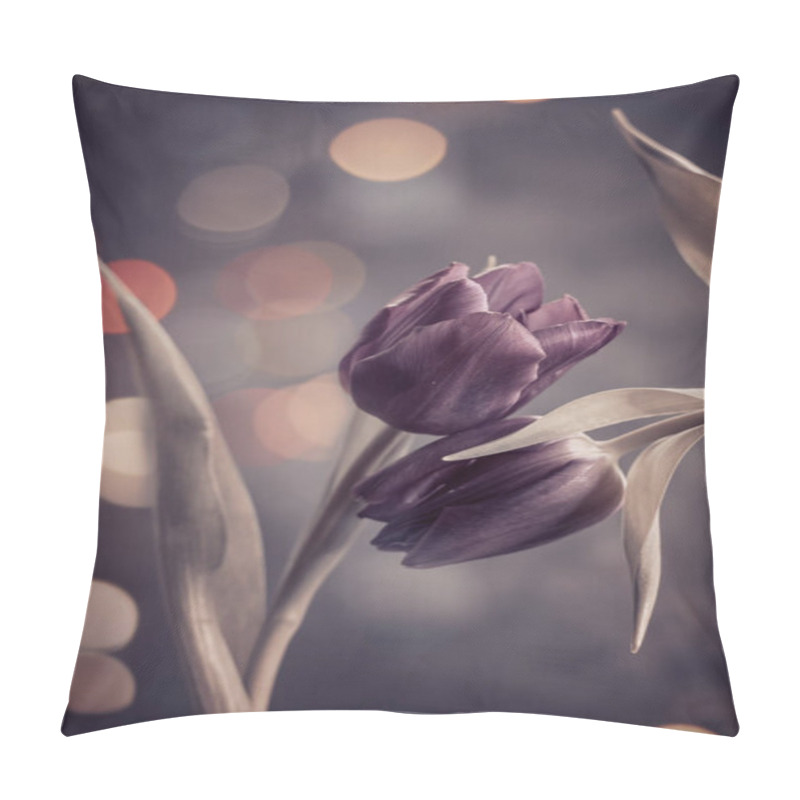 Personality  Beautiful Purple Tulips On A Blurred Background Of Green Leaves. Pillow Covers