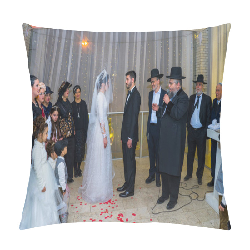 Personality  Rehovot, Israel - 11.01.2019. Rabbi Blessing Jewish Bride And Groom In Jewish Chasid Wedding Pillow Covers