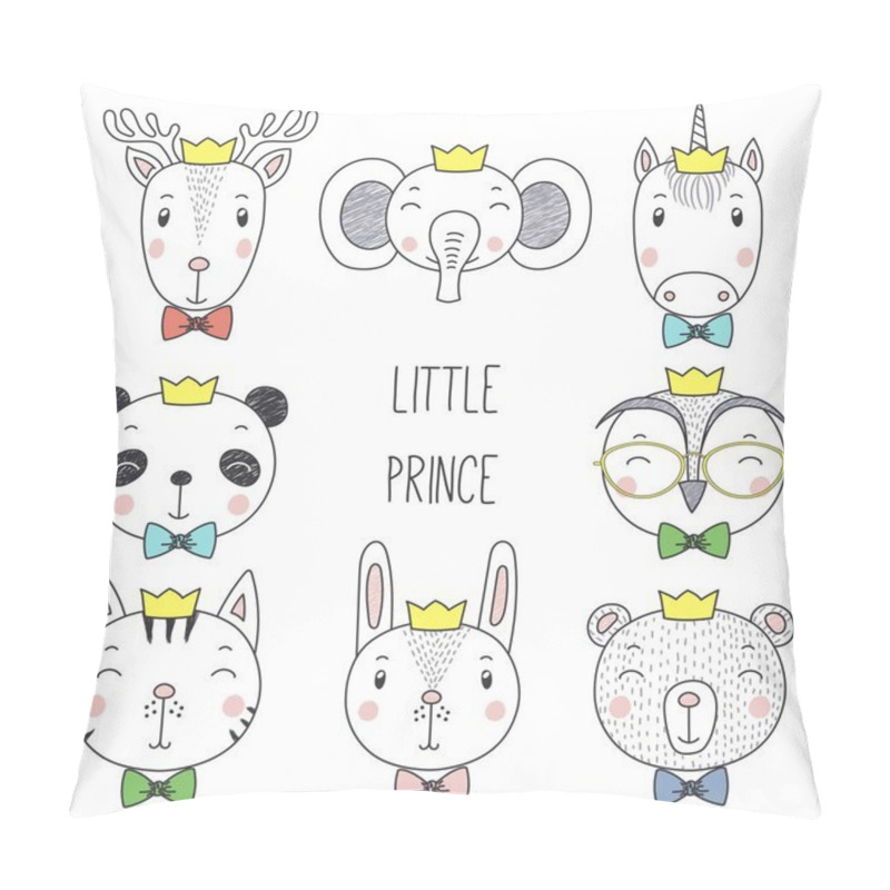 Personality  Set Of Hand Drawn Cute Funny Animal Portraits In Crowns Isolated On White Background Pillow Covers