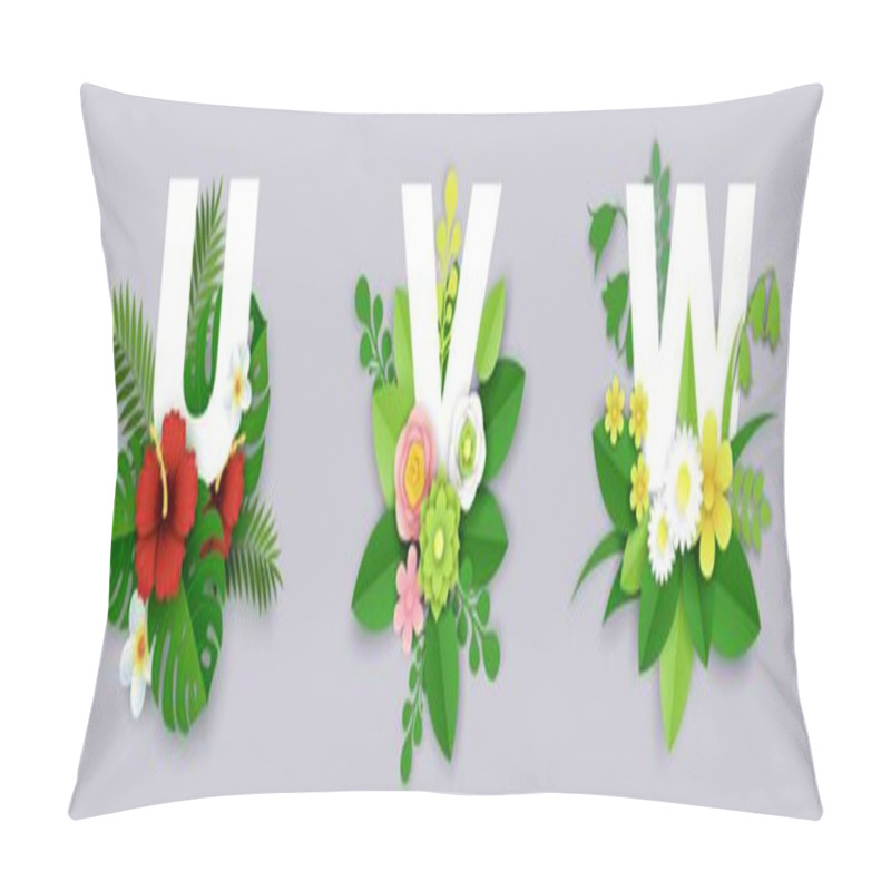 Personality  Floral Alphabet, Vector Paper Cut Illustration. U, V, W English Capital Letters With Exotic Tropical Leaves And Flowers. Pillow Covers