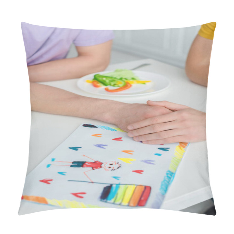 Personality  Cropped View Of Homosexual Men Holding Hands Near Drawing With Lgbt Flag And Salad Pillow Covers