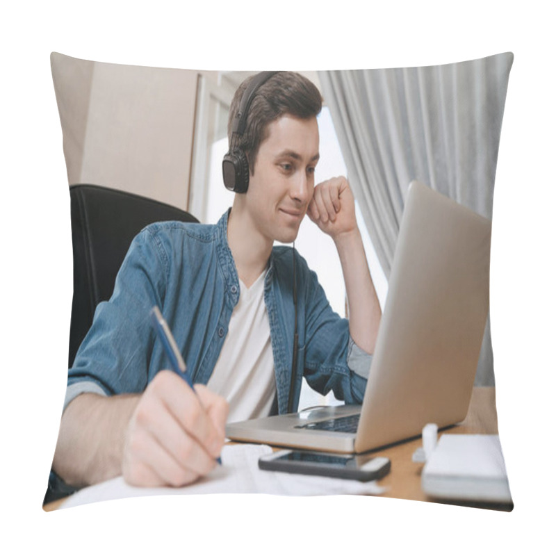 Personality  Happy Guy Student Wearing Headphones Using Laptop For Distance Education, Enjoying Conference Video Call, Watching Webinar, Listening Audio Course, Writing Notes, Studying With Teacher, Having Lesson Pillow Covers