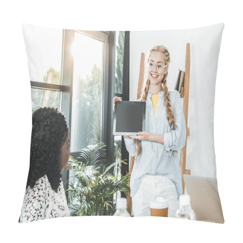 Personality  Portrait Of Smiling Caucasian Businesswoman Showing Tablet To African American Colleague In Office Pillow Covers