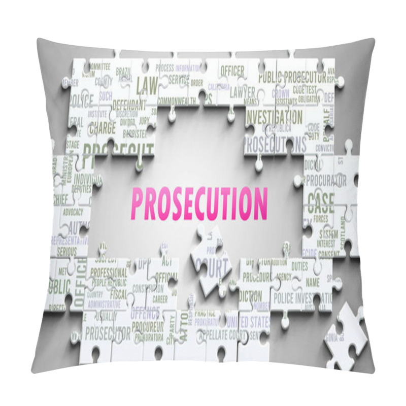 Personality  Prosecution As A Complex Subject, Related To Important Topics. Pictured As A Puzzle And A Word Cloud Made Of Most Important Ideas And Phrases Related To Prosecution. Pillow Covers