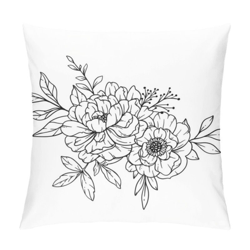 Personality  Peony  Line Art, Fine Line Peony Bouquets Hand Drawn Illustration. Coloring Page With Peony Flowers.  Pillow Covers