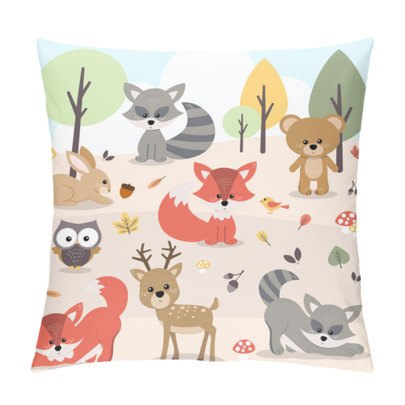 Personality  Cute Woodland Forest Animals Including Deer, Rabbit, Bear, Fox, Raccoon, Bird, Owl Pillow Covers