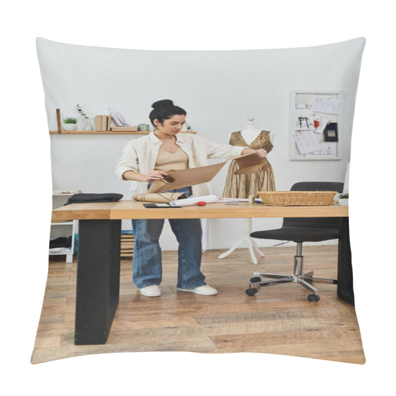 Personality  Young Woman Upcycling Clothes At Wooden Table. Pillow Covers